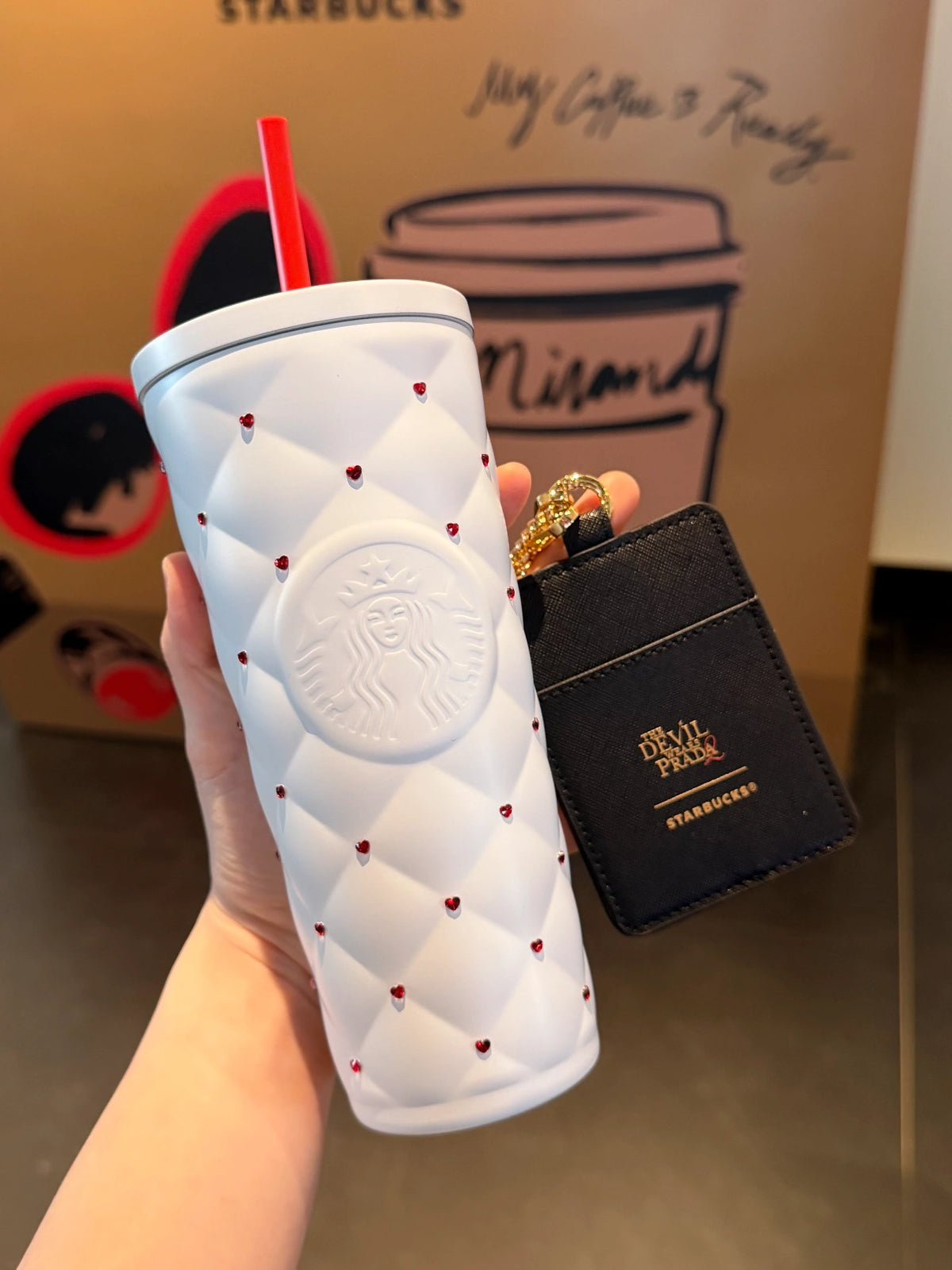 starbucks the devil wears prada 590ml white diamond ss cup with card holder on hand