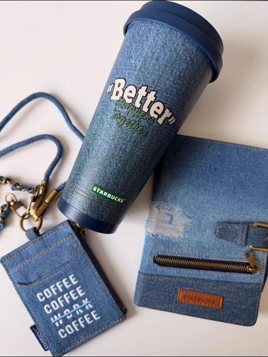 Starbucks China 2026 Denim 500ml Thermos Cup Notebook Card Case Set Display