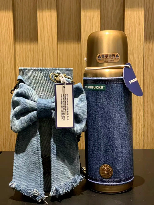 Starbucks China 2026 Denim Retro Thermos 460ml Coming with Bow Sleeve Front View