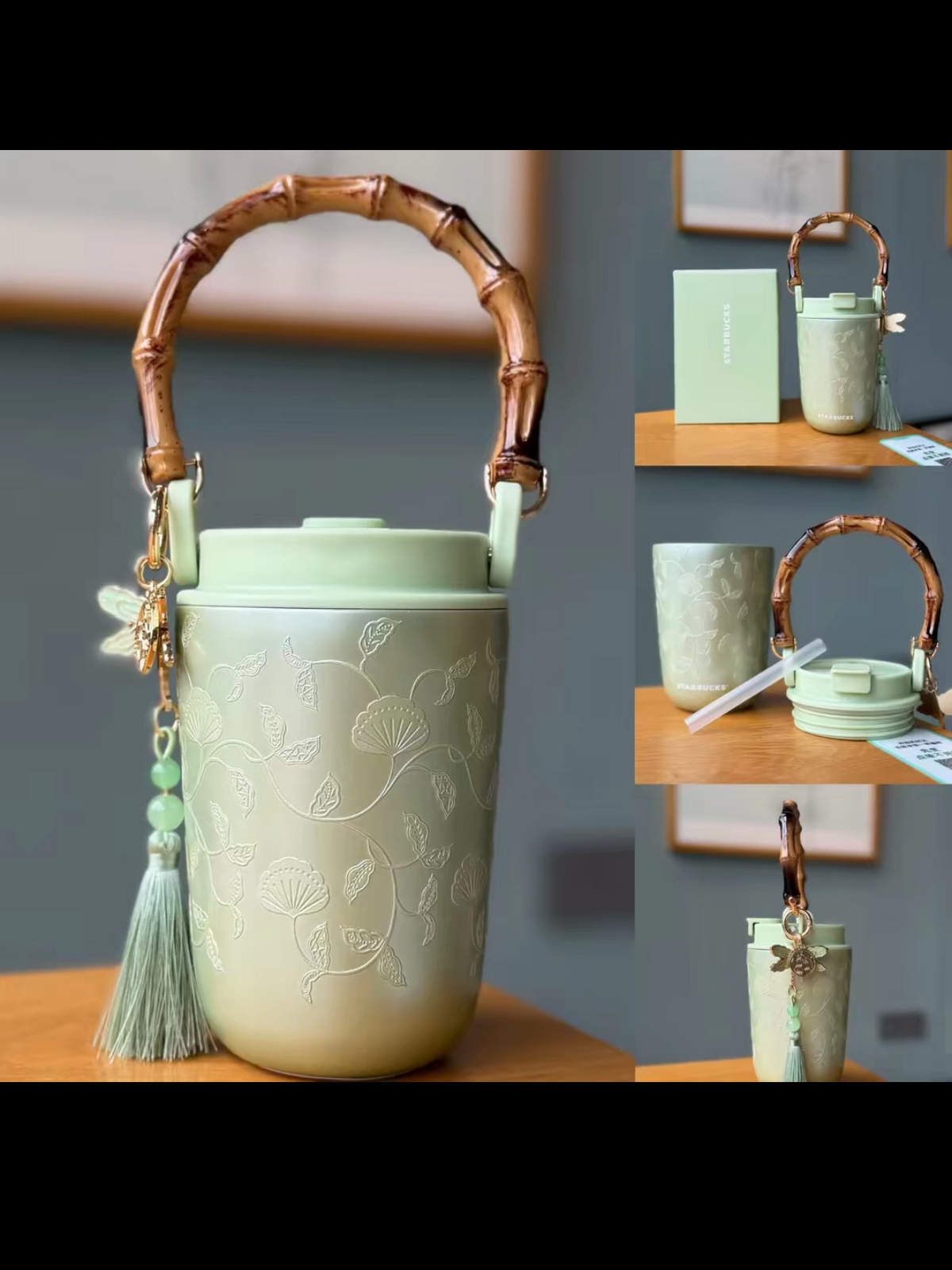 Starbucks China 2026 Spring Blessings 400ml SS Bamboo Handle Cup with Dragonfly Charm details