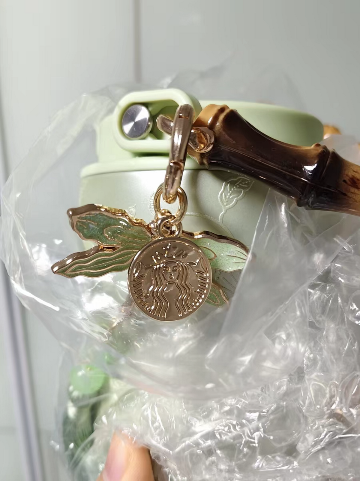 Starbucks China 2026 Spring Blessings 400ml SS Bamboo Handle Cup with Dragonfly Charm