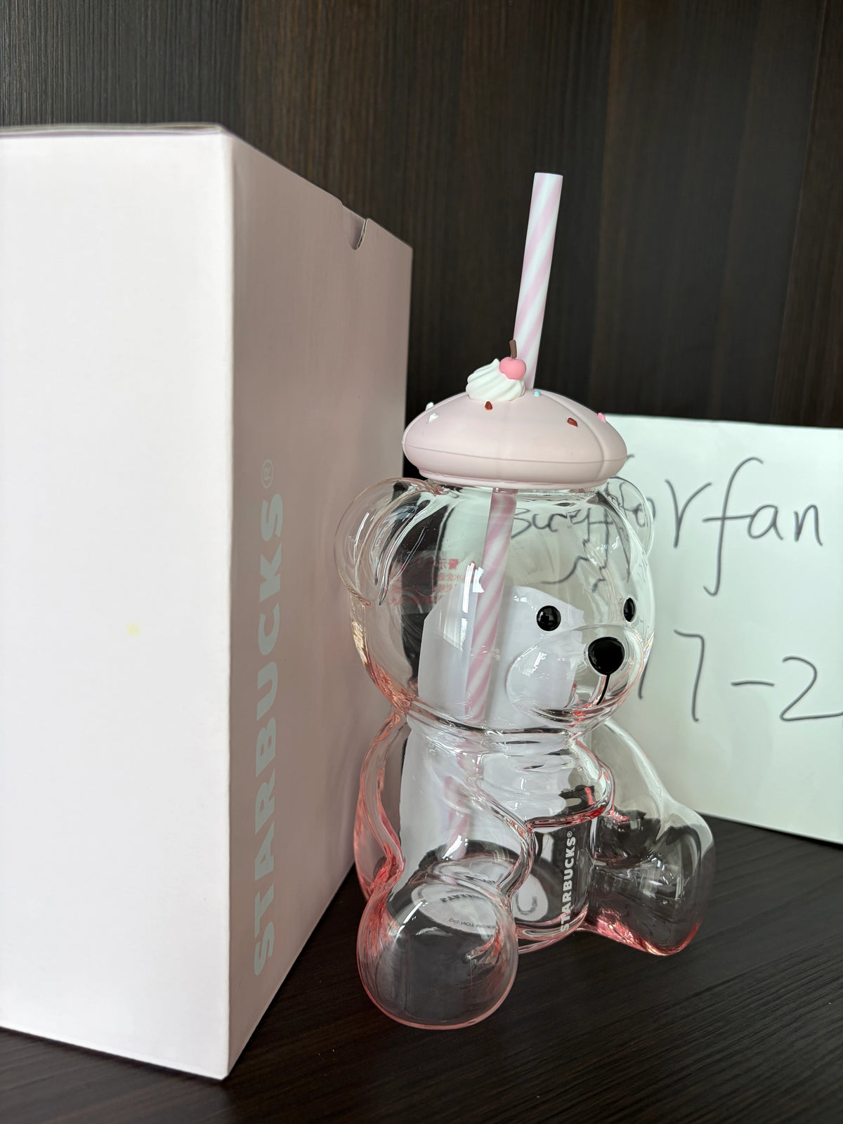 Starbucks China Summer 2026 Dessert Party Pink Lid Bear Straw Glass 660ml left view