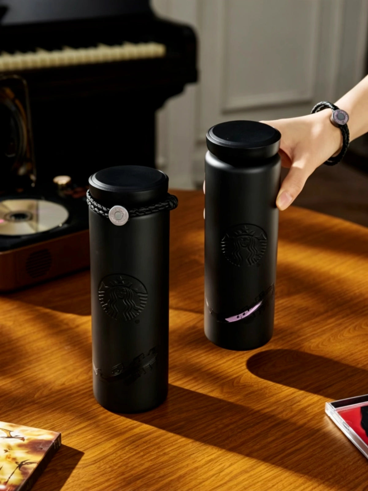 Starbucks Jay Chou Coffee Overture Black/Pink Note SS Cup with Braided Strap 500ml