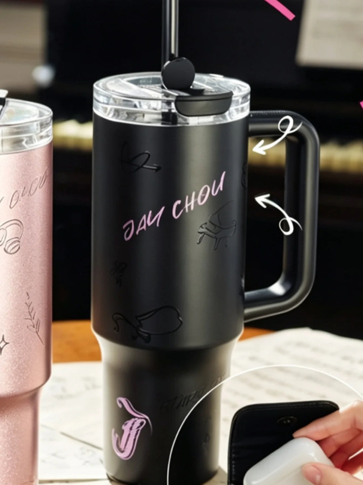 Starbucks Jay Chou Coffee Overture Black SS Straw Cup 1010ml with Coin Bag