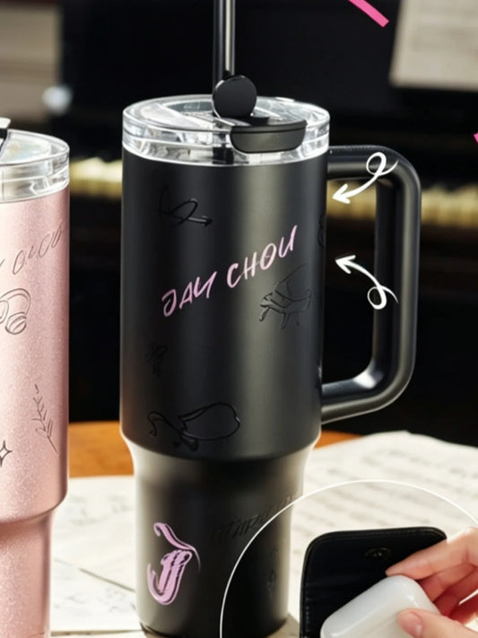 Starbucks Jay Chou Coffee Overture Black SS Straw Cup 1010ml with Coin Bag