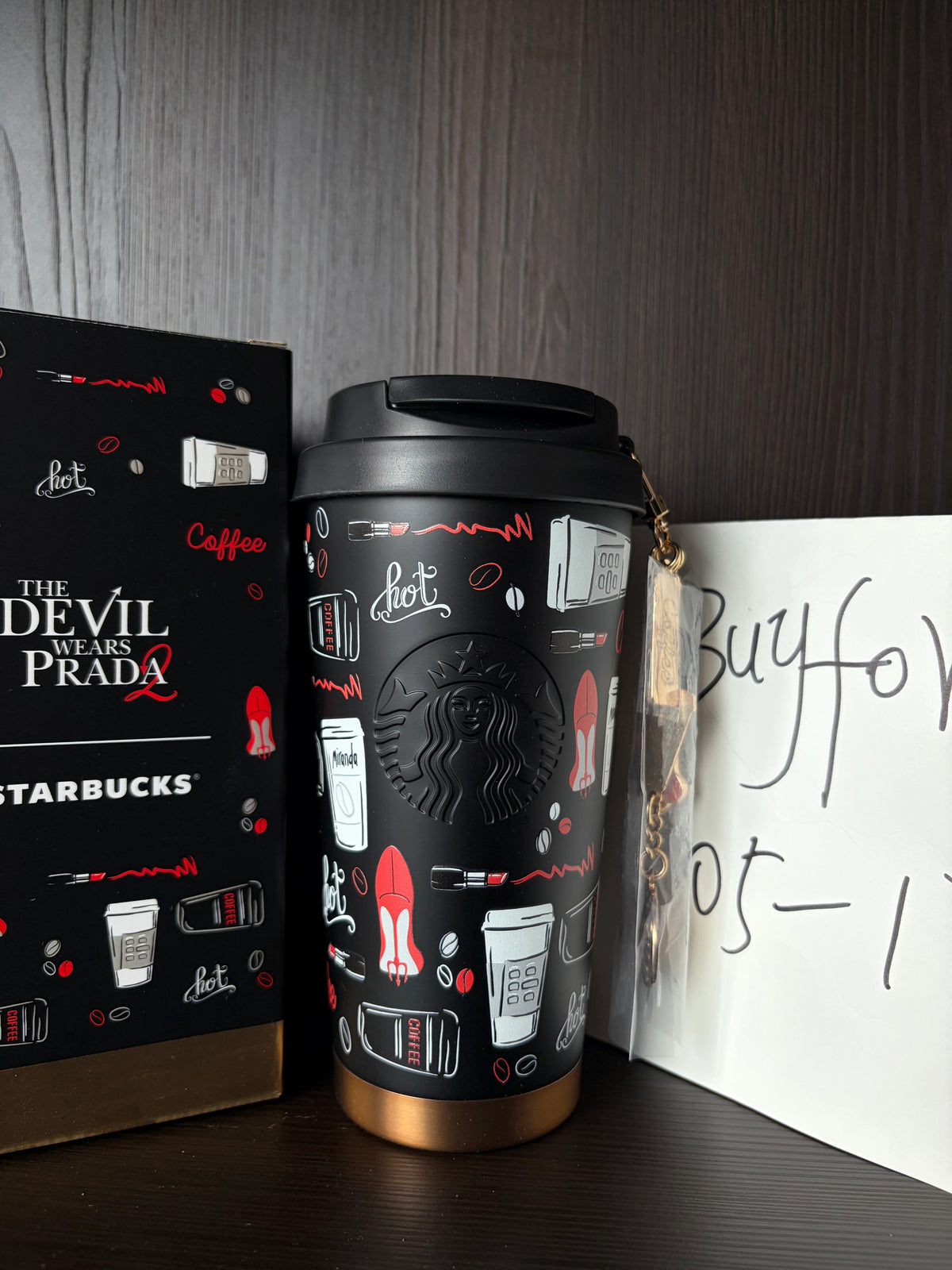 Starbucks The Devil Wears Prada Black SS Tumbler 17oz with Metal Chain front view