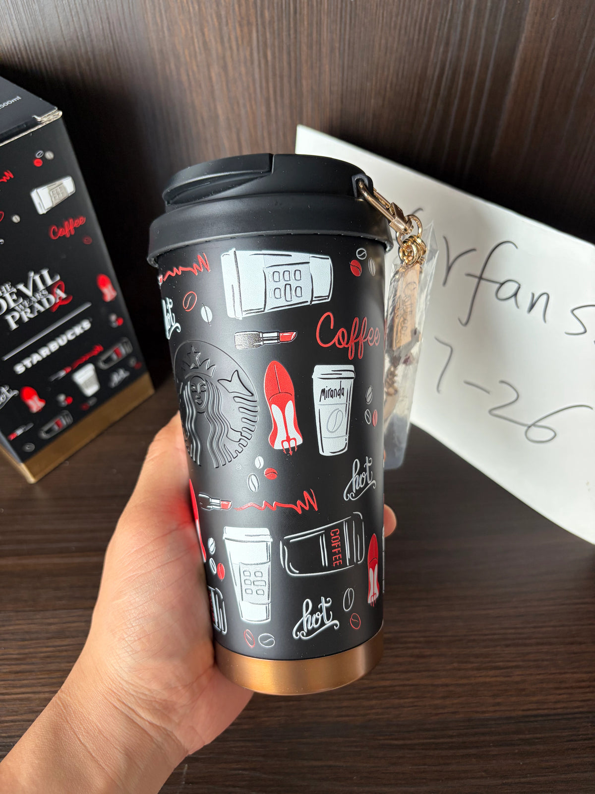 Starbucks The Devil Wears Prada Black SS Tumbler 17oz with Metal Chain on hand
